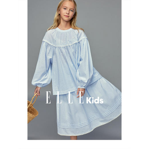 💕春3童装法式度假长袖上衣/木耳边全腰松紧法式条纹伞裙 商品图0