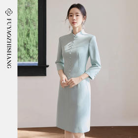 FUYAO扶摇直上 中式风立领连衣裙女修身水绿色醋酸旗袍裙优雅裙子