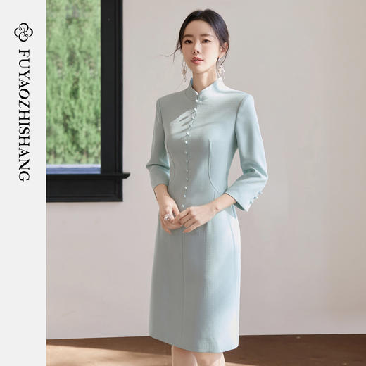 FUYAO扶摇直上 中式风立领连衣裙女修身水绿色醋酸旗袍裙优雅裙子 商品图0