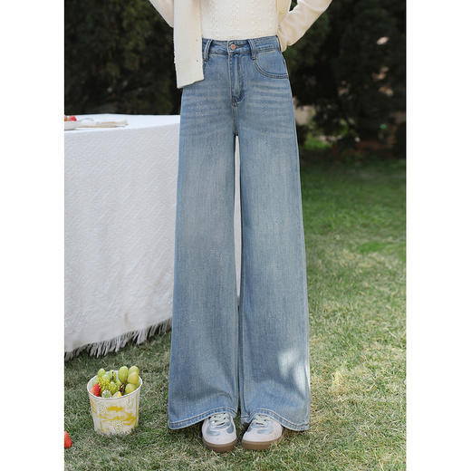 鹿向南「蓝调心事」蓝色长裤直筒阔腿牛仔裤女春季新款高腰裤子 商品图1