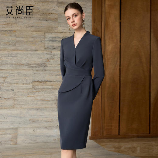 艾尚臣格雷灰连衣裙女高级感正式场合商务宴会职业装修身显瘦裙子 商品图0