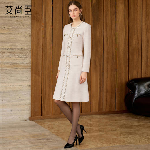 艾尚臣轻奢小香风连衣裙女长袖粗花呢精致风裙子修身显瘦气质裙冬 商品图1