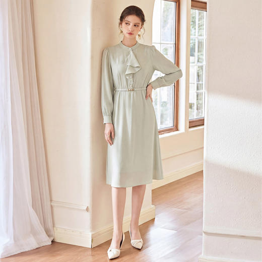 艾尚臣清冷松弛荷叶领浪漫衬衫裙连衣裙女收腰显瘦中长裙通勤早春 商品图3