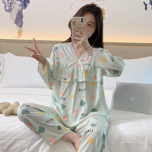 【花边领口设计❗舒适大气】春秋女士棉绸睡衣蕾丝边印花长袖长裤两件套防凸点可爱薄款睡衣。rg 商品图3