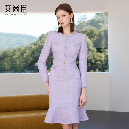 艾尚臣星河紫小香风连衣裙女高级感气质主持人修身显瘦通勤A字裙 商品图2