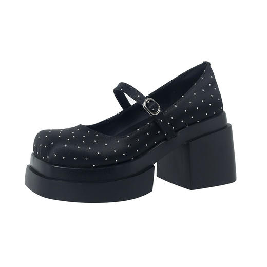 【预售7天】9cm超高跟粗跟防水台单鞋，春秋新水钻沙丁布玛丽珍鞋浅口小皮鞋9303 商品图4