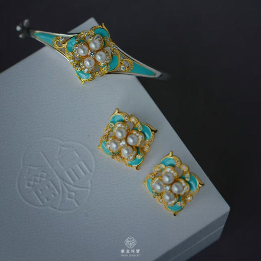 龢盒原创 珠玉青岚 银镶淡水珍珠手镯耳钉套 商品图0