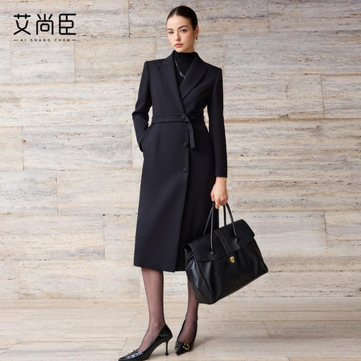 艾尚臣羊毛大衣女中长款黑色通勤西装领系带收腰轻奢极简风外套冬 商品图1