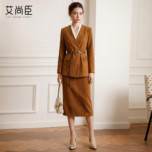 艾尚臣长袖西装套装女春季通勤职业装V领褐色西服收腰显瘦两件套 商品图1