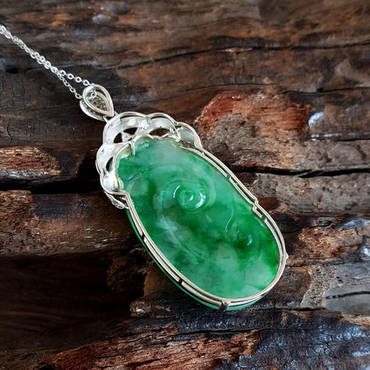 【天然正品】A货翡翠AU750白金镶钻镶天然细腻糯种飘绿花如意（万事如意）翡翠吊坠项链100226NJM12 商品图7