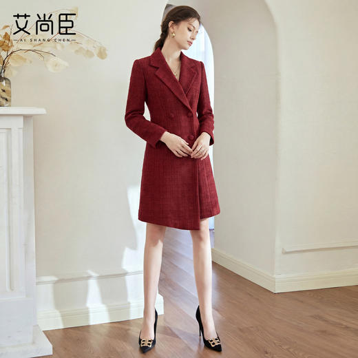 艾尚臣妈妈婚宴装毛呢西装领连衣裙女双排扣收腰显瘦喜婆婆礼服厚 商品图3