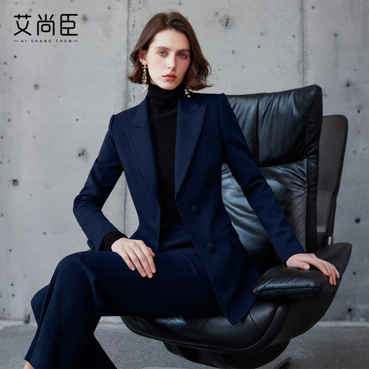 艾尚臣藏青色西服职业装女羊毛高级感商务西装套装职场通勤两件套 商品图0
