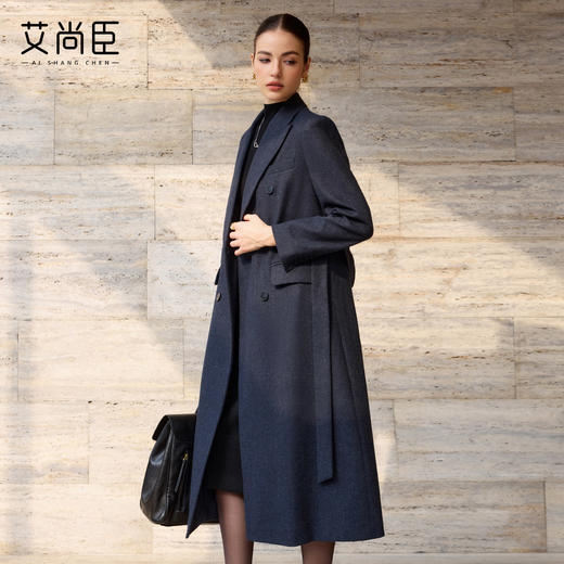 艾尚臣羊毛大衣女冬藏青色毛呢外套中长款通勤职场西装双排扣长款 商品图2