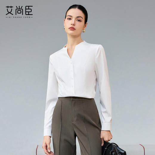艾尚臣简约风白色立领衬衫女长袖职业通勤面试高级感工作服衬衣 商品图3