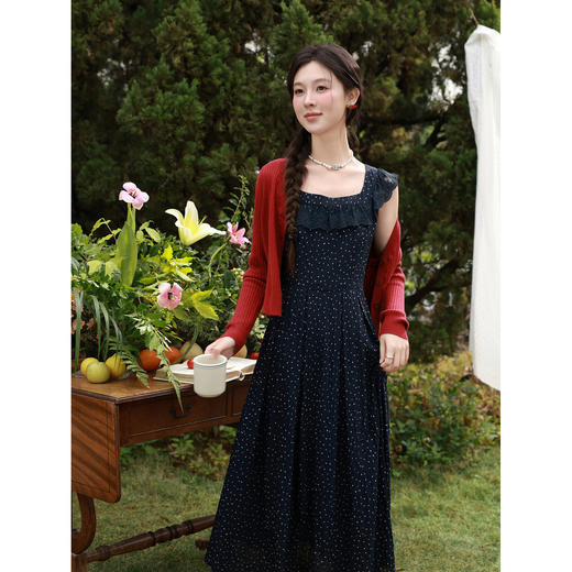 鹿向南「波影拾红」藏蓝色长款连衣裙女春新款波点时尚百搭裙子女 商品图1