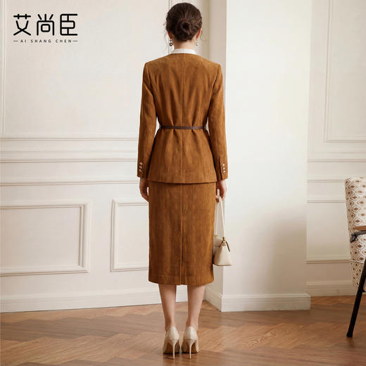 艾尚臣长袖西装套装女春季通勤职业装V领褐色西服收腰显瘦两件套 商品图4