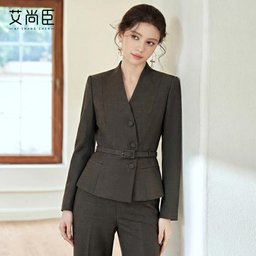 艾尚臣西装套装女棕绿色西服职业装正式场合穿搭通勤正装两件套春 商品图1