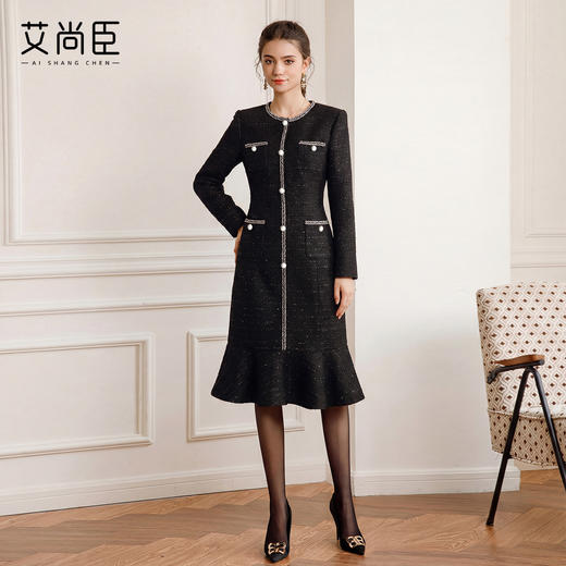 艾尚臣小香风黑色粗花呢连衣裙女收腰鱼尾裙银丝细闪千金风优雅 商品图4
