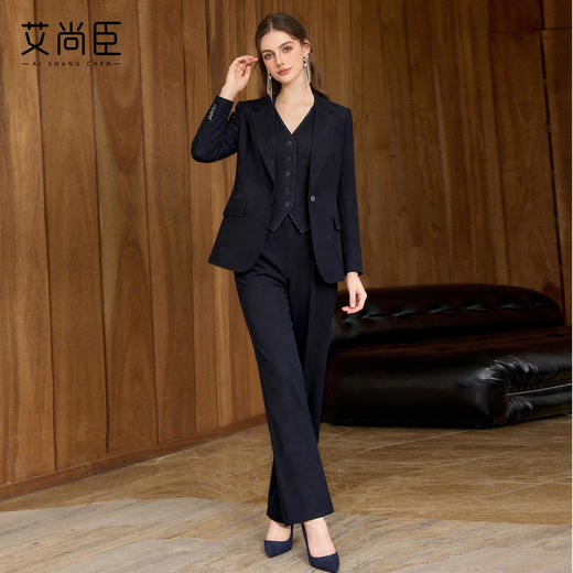 艾尚臣老钱西装套装女冬季通勤纹理西服职业装阔腿裤三件套极简风 商品图2