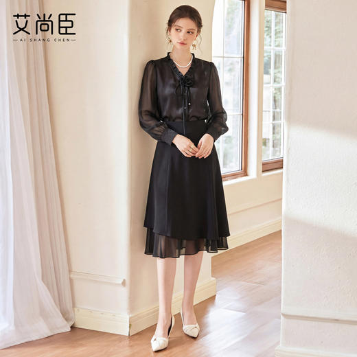 艾尚臣轻奢风黑色衬衫半裙两件套女春季灯笼袖花边领雪纺衬衣套装 商品图0
