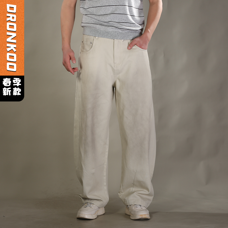 DRONKOO 2026 抽绳半松紧口袋脚口斜破缝喷色做旧中厚牛仔长裤