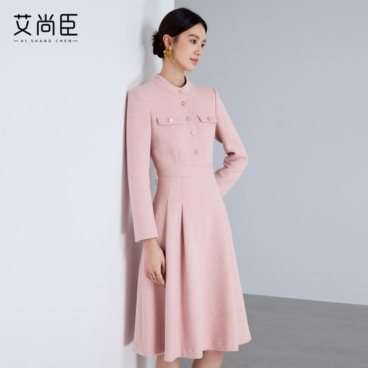 艾尚臣小香风长袖连衣裙女高级感圆领毛呢赫本风优雅千金粉色裙子 商品图2