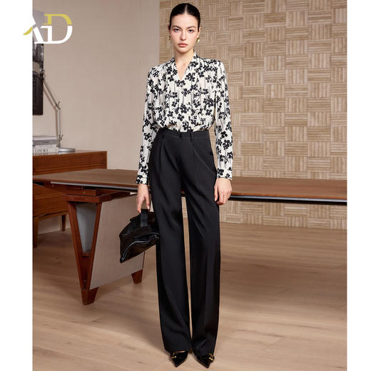AD高级感长袖花衬衫女春2026新款通勤穿搭职业衬衣黑色裤子两件套 商品图1
