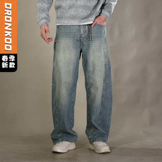 DRONKOO 2026 半松紧腰铜色钮扣裤袢吊绳前后破骨中厚牛仔长裤 商品图0