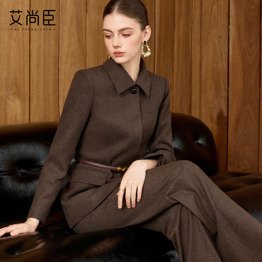艾尚臣高级感咖啡色时尚套装女气质立领西装通勤知性极简风两件套 商品图1