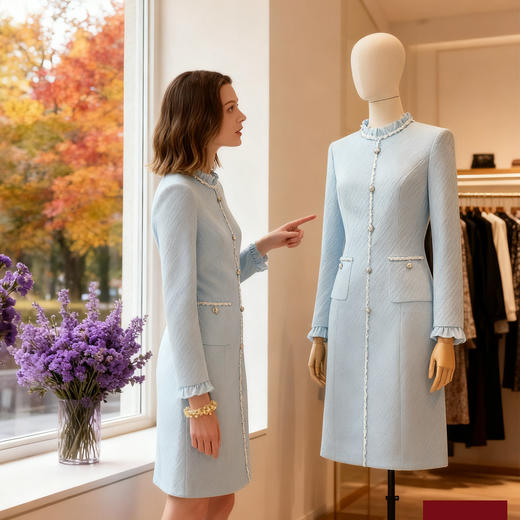 艾尚臣蓝色小香风连衣裙女修身花边领名媛高级感优雅风西装裙 商品图2