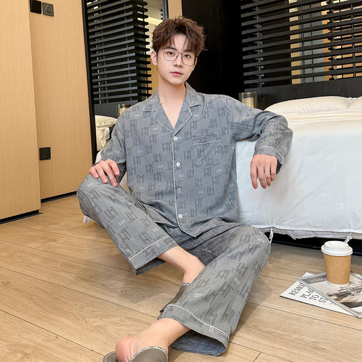 【舒适男士长袖套装】春夏季绵绸睡衣男士韩版青中年长袖长裤休闲家居服棉质薄款套装。rg 商品图0