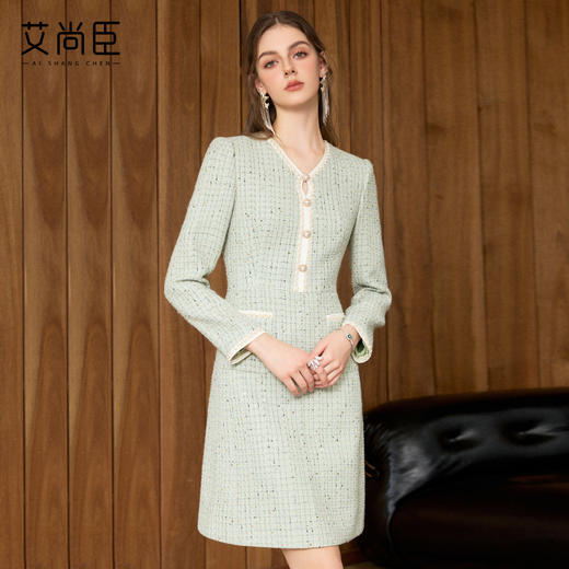 艾尚臣经典小香风粗花呢连衣裙女秋V领收腰显瘦气质裙千金风 商品图1
