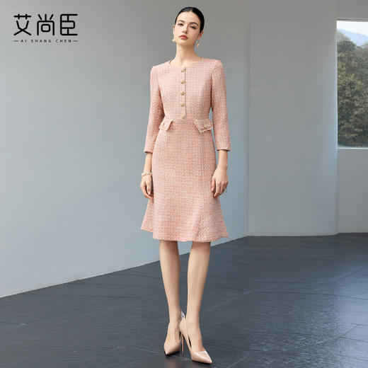 艾尚臣柔焦滤镜小香风粗花呢连衣裙女收腰鱼尾裙摆中长裙气质裙 商品图2
