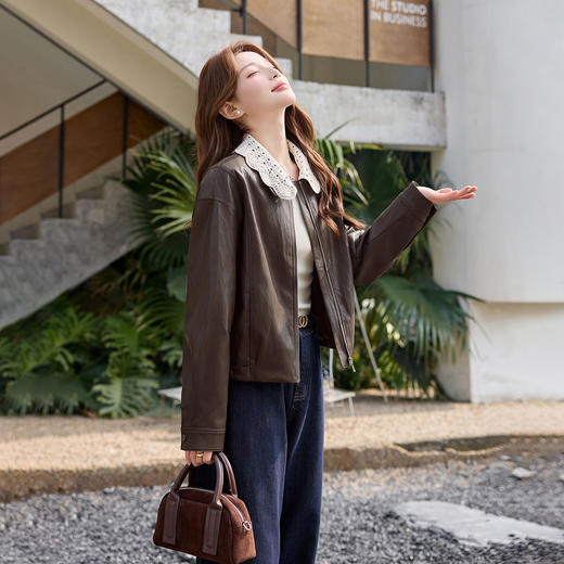 法式复古花边翻领皮衣外套，小个子夹克上衣潮HR-2673 商品图1