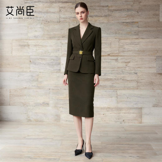 艾尚臣【复古老钱】简约风卡其绿羊毛西装套装女秋冬收腰通勤穿搭 商品图2