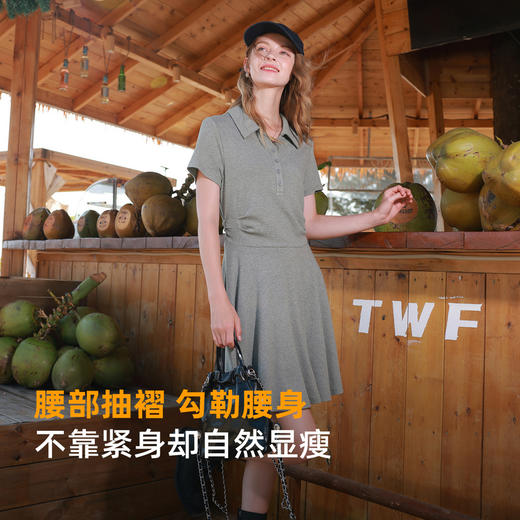 三彩2026春季新款翻领短袖收腰A字裙休闲灰色连衣裙短裙显瘦M 商品图2