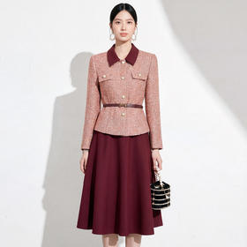 艾尚臣酒红色小香风套装秋冬气质西装两件套裙喜妈妈婚宴年会礼服