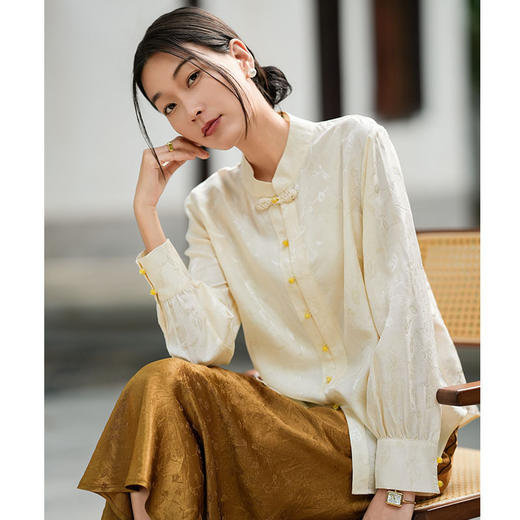 「高货kbnq」全新升级【铂金会员487/天猫659/差价172】(12955)洛诗琳新中式桑蚕丝提花上衣2026春夏新款国风真丝衬衫kbnq12955 商品图0