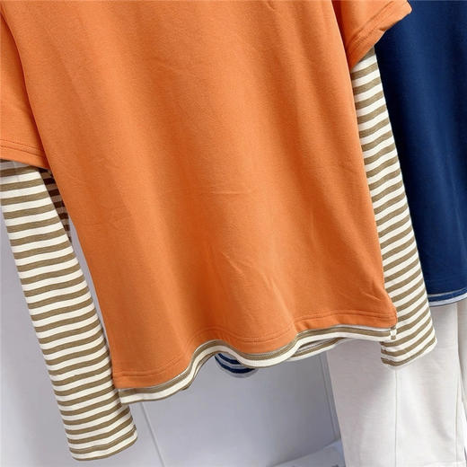 老米优品🎈3-5天! ☁《条纹叠搭云朵绒春款tee》韩系氛围感直接拉满！元气橘显白，经典藏青百搭，谁穿谁好看~T260226A 商品图1