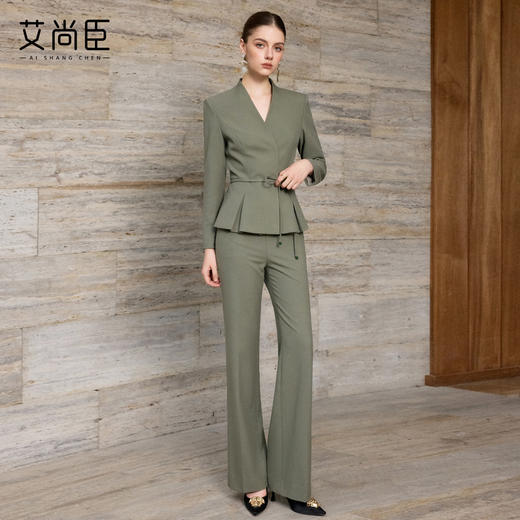 艾尚臣通勤风收腰西装套装女复古松绿色职业装气质正装束腰西服 商品图0