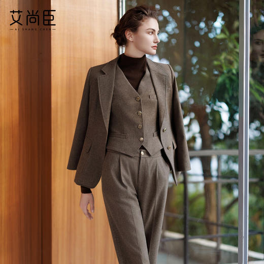 艾尚臣复古老钱西装套装女秋冬高端职业装棕色羊毛西服马甲三件套 商品图0