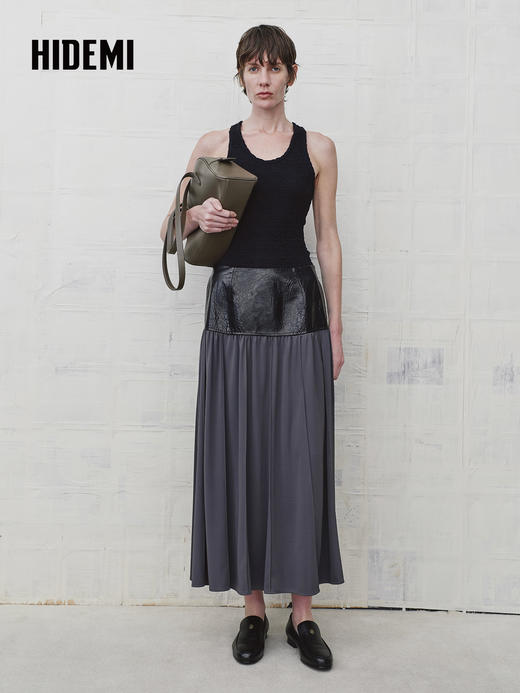 HIDEMI 设计感油蜡皮拼接套装垂感长裙半身裙 商品图1