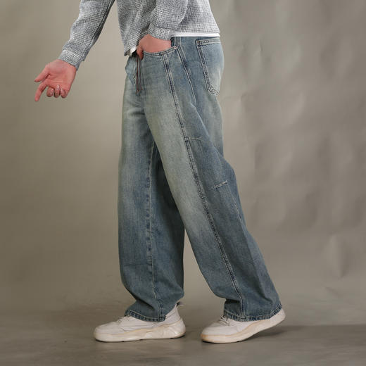 DRONKOO 2026 半松紧腰铜色钮扣裤袢吊绳前后破骨中厚牛仔长裤 商品图2