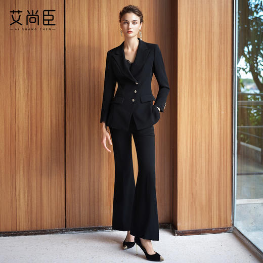 艾尚臣优雅风黑色西装套装女职业装商务套装轻熟时尚微喇裤两件套 商品图0