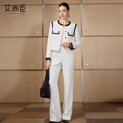 艾尚臣小香风撞色包边西装阔腿裤套装女春季显瘦时髦职业装两件套 商品图0