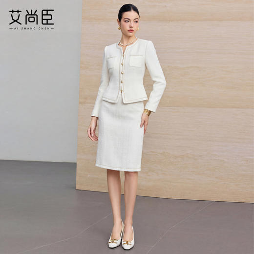 艾尚臣小香风套装女绵羊毛优雅风米白色金扣两件套气质职场套装春 商品图2
