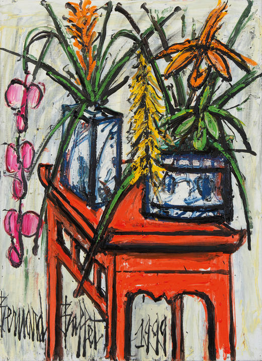 独角鹿西洋古董1999年法国具象派大师Bernard Buffet签名创作布面油画《中式桌上的花卉》 商品图5