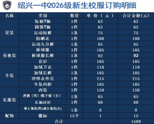 绍兴一中2026级新生校服订购明细 商品图0