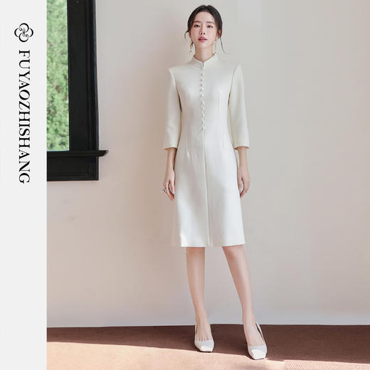 FUYAO扶摇直上 新中式醋酸旗袍裙女七分袖立领连衣裙修身优雅裙子 商品图3