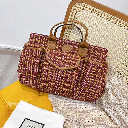 Gucci 帆布拼皮 砖红色 格纹 tote 儿童包 手提包 商品图1